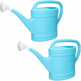 2x stuks lichtblauwe tuin planten gieter met broeskop 9 liter