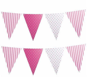 2x stuks lichtroze vlaggenlijn met stippen en strepen 3,6 m