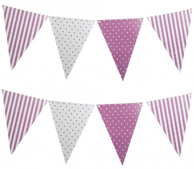 2x stuks lila paarse feest vlaggetjes vlaggenlijnen met stippen 3.6 meter
