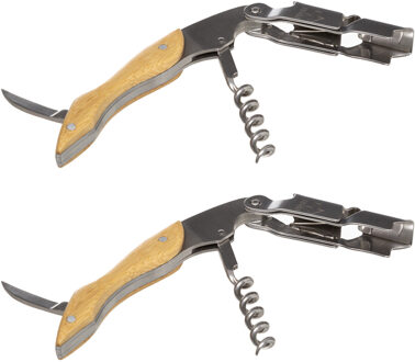 2x stuks luxe kurkentrekker kelnermes met opener van metaal en bamboe 12 cm