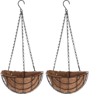 2x stuks metalen hanging baskets / plantenbakken halfrond zwart met ketting 31 cm - hangende bloemen - Plantenbakken