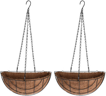 2x stuks metalen hanging baskets / plantenbakken halfrond zwart met ketting 37 cm - hangende bloemen - Plantenbakken