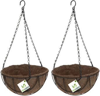 2x Stuks Metalen Hanging Baskets / Plantenbakken Zwart Met Ketting 25 Cm - Hangende Bloemen - Plantenbakken