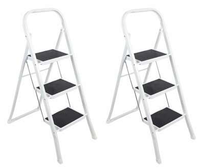 2x stuks metalen huishoudtrapje/keukentrap wit/zwart inklapbaar 105 cm - Huishoudtrapjes