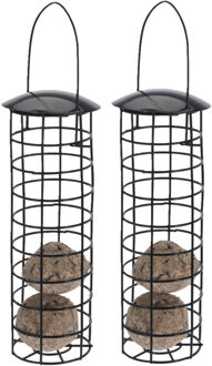 2x stuks metalen vogel voeder huisjes voor pindas/vetbollen zwart D7 x H25 cm