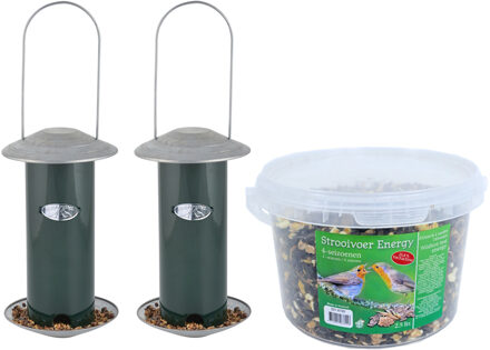 2x stuks metalen vogel voedersilos groen aan hanger 23 cm met 4- seizoenen vogel strooivoer 2,5 kg