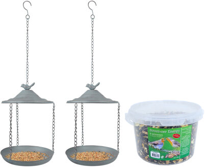 2x Stuks Metalen Vogelbaden/voederschalen Hangend 30 Cm Met 4-seizoenen Vogel Strooivoer 2,5 Kg - Vogelvoederhuisjes