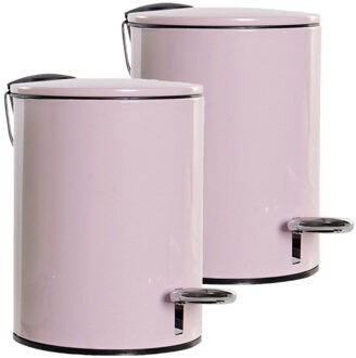 2x stuks metalen vuilnisbakken/pedaalemmers roze 3 liter 23 cm - Prullenbakken