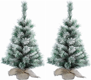 2x Stuks mini kerstboom met sneeuw 35 cm in jute zak - Kunstkerstboom Multikleur