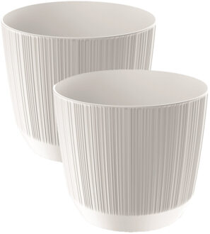 2x stuks moderne carf-stripe plantenpot/bloempot kunststof dia 13 cm/hoogte 11 cm parel wit - Plantenpotten