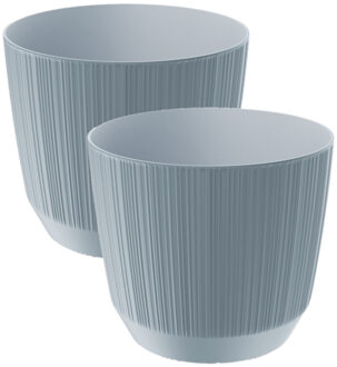 2x stuks moderne carf-stripe plantenpot/bloempot kunststof dia 15 cm/hoogte 13 cm steengrijs - Plantenpotten