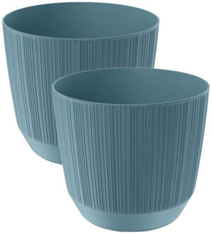 2x stuks moderne carf-stripe plantenpot/bloempot kunststof dia 15 cm/hoogte 13 cm stone blauw - Plantenpotten