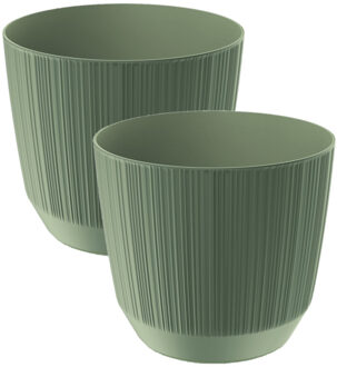 2x stuks moderne carf-stripe plantenpot/bloempot kunststof dia 19.5 cm/hoogte 17 cm groen - Plantenpotten