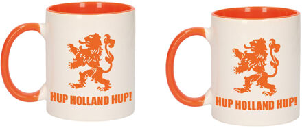 2x stuks mok/ beker wit en oranje hup Holland hup leeuw 300 ml - feest mokken Multikleur