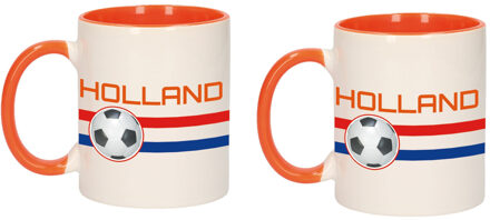 2x stuks mok/ beker wit Holland vlag met voetbal 300 ml - feest mokken Multikleur