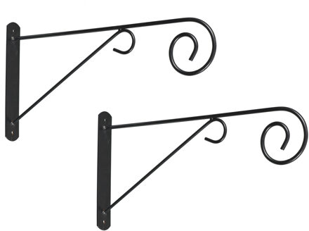 2x stuks muurhaak / plantenhaak met sierkrul voor hanging basket van verzinkt staal grijs antraciet 48 cm - Plantenbakha