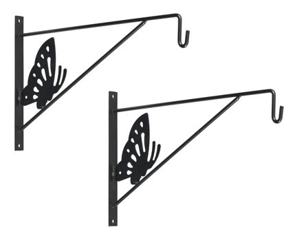 2x stuks muurhaak / plantenhaak met vlinder voor hanging basket van verzinkt staal grijs antraciet 35 cm - Plantenbakhak