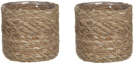 2x stuks naturel bruin rotan planten pot mand van gedraaid jute/riet H12 en D12 cm - Plantenpotten