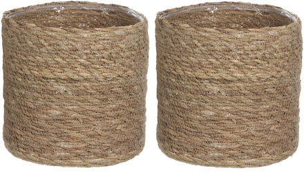 2x stuks naturel bruin rotan planten pot mand van gedraaid jute/riet H20 en D20 cm - Plantenpotten