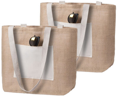 2x stuks naturel jute/katoenen strandtas 48 cm - Strandtassen Beige