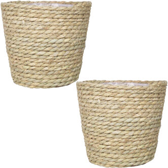 2x stuks naturel rotan manden van gedraaid touw/riet 17,5 cm - Plantenpotten Beige