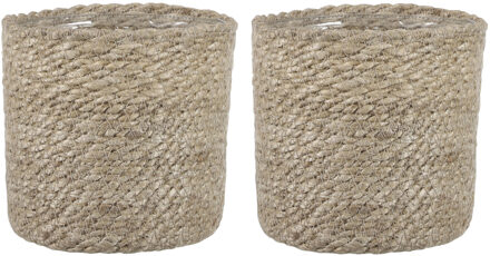 2x stuks naturel rotan planten pot mand van gedraaid jute/riet H14 en D14 cm - Plantenpotten Crème