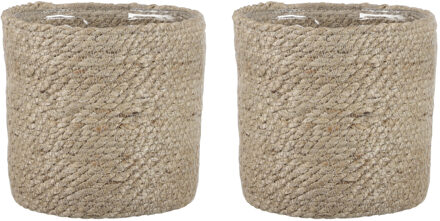 2x stuks naturel rotan planten pot mand van gedraaid jute/riet H16 en D16 cm - Plantenpotten Crème