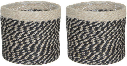 2x stuks naturel zwart rotan planten pot mand van gedraaid jute/riet H18 en D18 cm - Plantenpotten