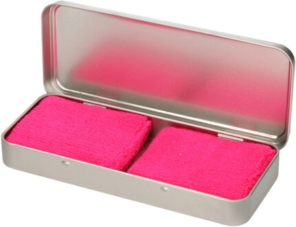 2x stuks neon roze sport zweetbandjes in metalen opslag/bewaar doosje