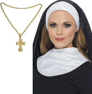 2x stuks nonnen carnaval verkleed setje van hoofdkap kraag en gouden kruis aan ketting