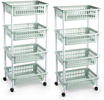 2x stuks opberger/organiser trolley/roltafel met 4 manden 85 cm mintgroen