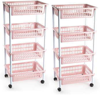2x stuks opberger/organiser trolley/roltafel met 4 manden 85 cm oud roze