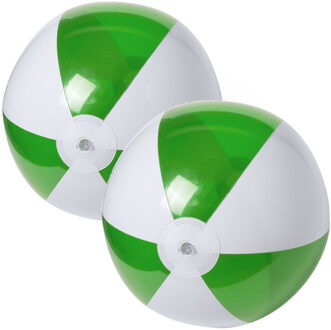 2x stuks opblaasbare strandballen plastic groen/wit 28 cm