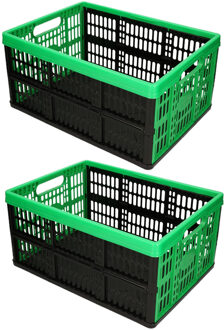 2x stuks opvouwbare kratten/inklapbare boodschappen kisten zwart/groen 48 x 35 x 24 cm - Boodschappenkratten