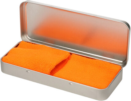 2x stuks oranje sport zweetbandjes in metalen opslag/bewaar doosje
