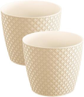 2x stuks orient stijl plantenpot/bloempot kunststof dia 13 cm en hoogte 11 cm creme wit - Plantenpotten Crème