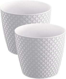 2x stuks orient stijl plantenpot/bloempot kunststof dia 22 cm en hoogte 19 cm parel wit - Plantenpotten