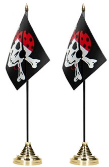 2x stuks Piratenvlag tafelvlaggetje op voetje One Eyed Jack - polyester - thema piraat