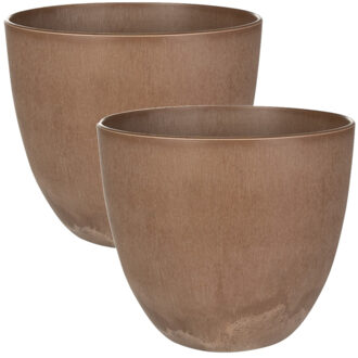 2x stuks plantenpot/bloempot in een natuursteen look Dia 17 cm en Hoogte 15 cm terra cotta - Plantenpotten Bruin