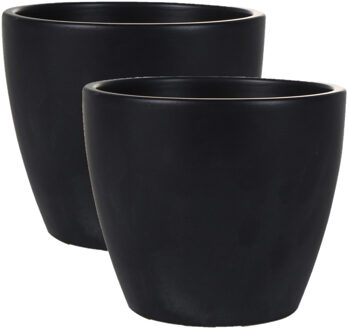 2x stuks plantenpot/bloempot in een strakke Scandinavische look zwart Dia 16 cm en Hoogte 13 cm - Plantenpotten