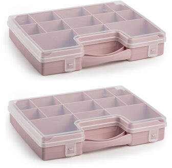 2x stuks plasticforte opbergkoffertje - 13-vaks - oud roze - opbergkoffer - sorteer box - 27,5 x 20,