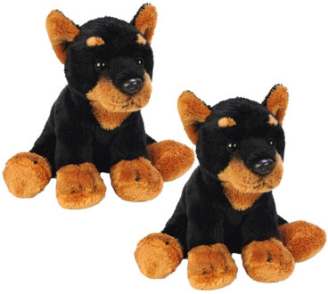 2x stuks pluche bruin met zwarte doberman knuffel 13 cm - Dobermannen honden knuffels - Speelgoed voor kinderen