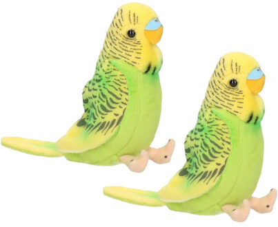 2x stuks pluche knuffel vogel Parkiet groen 11 cm