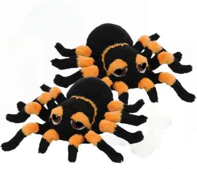 2x stuks pluche oranje met zwarte spin knuffel 13 cm - Spinnen insecten knuffels - Speelgoed voor kinderen