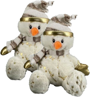 2x stuks pluche sneeuwpop knuffels pop met muts en sjaal 23 cm