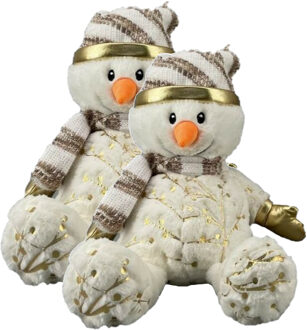 2x stuks pluche sneeuwpop knuffels pop met muts en sjaal 28 cm