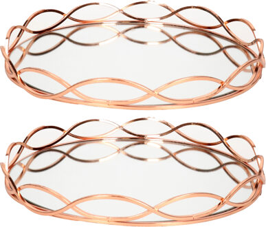 2x stuks ronde kaarsenborden/kaarsen plateaus koper met spiegelbodem D31 cm