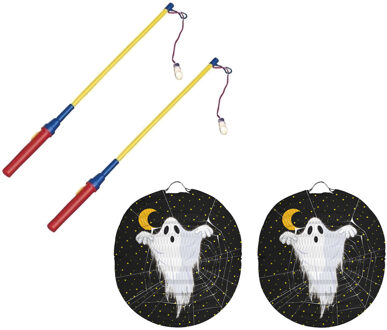 2x stuks ronde lampion 22 cm spook zwart inclusief lampionstokjes