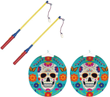 2x stuks ronde lampion 25 cm Day of the Dead sugarskull inclusief lampionstokjes