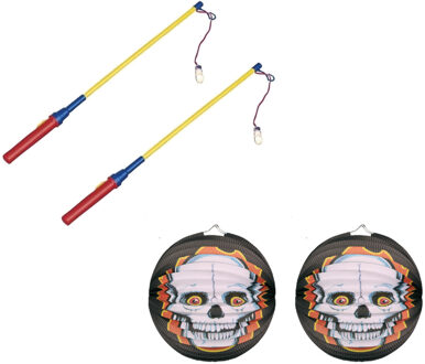 2x stuks ronde lampion 25 cm doodskop inclusief lampionstokjes